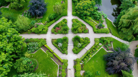 This aerial photograph captures an elegant garden pathway surrounded by vibrant greenery and colorful flowers, showcasing nature's beauty and harmony.の素材