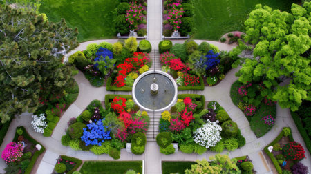 This stunning aerial view captures a vibrant garden landscape featuring a central fountain, surrounded by a dazzling array of colorful flowers and lush greenery.の素材