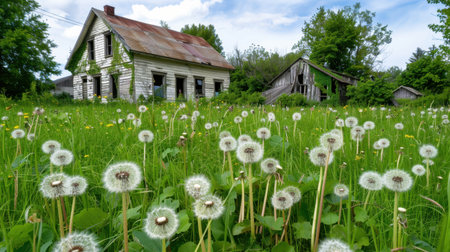 This captivating scene features an abandoned house surrounded by fluffy dandelion flowers in a vibrant green field, all beneath a clear blue sky.の素材