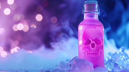 This captivating image features a clear bottle shaped like a skull, filled with vibrant purple liquid, surrounded by ice and an enchanting fog.の素材