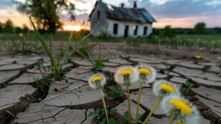 A captivating scene featuring dandelions blooming on cracked, dry soil with an abandoned house in the backdrop at sunset. The image highlights nature's resilience against environmental challenges.の素材