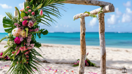 A stunning beach wedding arch adorned with a variety of colorful flowers and lush greenery, set against a serene ocean backdrop, ideal for romantic ceremonies.の素材