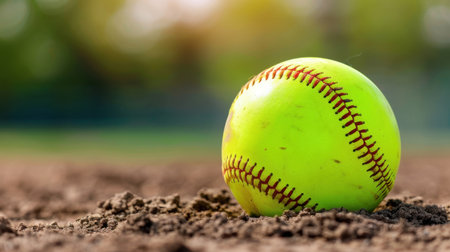 A vibrant green softball rests on a dusty field, illuminated by soft natural light, capturing the essence of outdoor sports and athletic enthusiasm.の素材