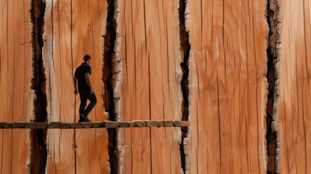 A lone individual carefully walks on a wooden plank across a large, cracked tree trunk, showcasing the beauty of natural wood textures and balance.の素材