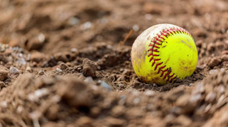 A vibrant yellow softball rests in a patch of dusty ground, capturing the essence of outdoor sports and play. This close-up image emphasizes texture and detail, perfect for sports-related themes.の素材