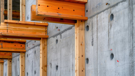 This image showcases the intricate details of wooden beams supporting a concrete wall during the construction of a modern building, highlighting craftsmanship.の素材