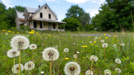 An enchanting view of an abandoned house set against a backdrop of wildflowers and dandelions, capturing the essence of nature reclaiming its space in a tranquil rural setting.の素材