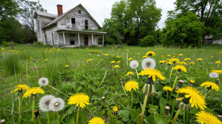 A weathered, abandoned house sits quietly among a sea of vibrant yellow dandelions and lush green grass, creating a serene and picturesque landscape.の素材