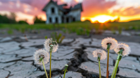 A hauntingly beautiful view of dandelions thriving in a parched landscape, set against a dramatic sunset and an abandoned house in the background.の素材