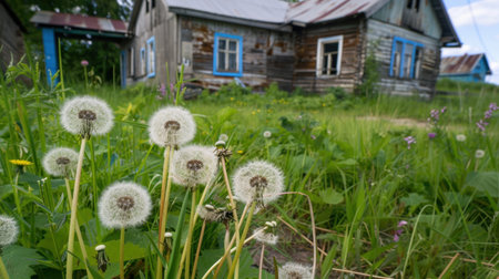 A serene rural scene featuring fluffy dandelion flowers in the foreground, with a weathered wooden house positioned among lush greenery and wildflowers.の素材