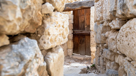 Explore a historic stone passageway that leads to a weathered wooden door, framed by rough stone walls, revealing the charm of ancient ruins.の素材