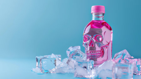 A vibrant pink drink in a unique skull-shaped bottle rests atop clear ice cubes, creating a refreshing and playful atmosphere perfect for summer.の素材