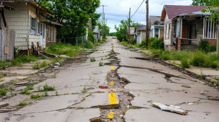 This image depicts an abandoned urban street, showcasing cracked pavement with overgrown vegetation following a natural disaster. The scene highlights the aftermath of devastation.の素材