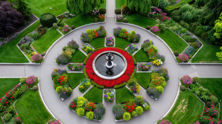 This breathtaking aerial view captures a beautifully crafted circular garden featuring vibrant flowers, lush greenery, and a charming central fountain.の素材