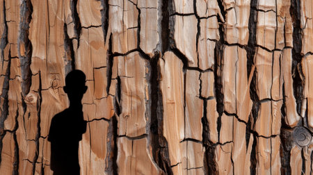 A striking silhouette of a person contrasts beautifully with a textured wooden surface, showcasing intricate natural patterns and earthy tones that evoke serenity.の素材