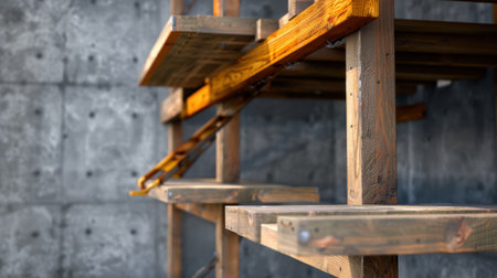 This image showcases a close-up view of wooden shelves supported by a rustic framework, set against a textured concrete wall, highlighting craftsmanship.の素材