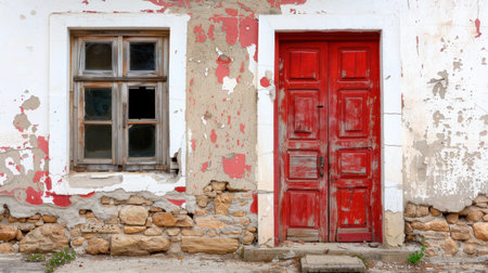 This captivating image features a weathered red door and a cracked wall with a vintage window, reflecting rustic charm in an abandoned rural setting.の素材