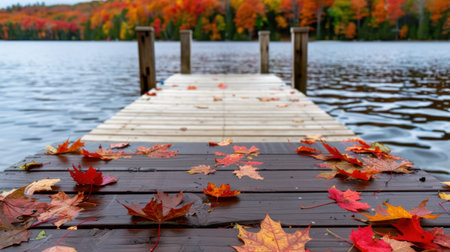 A stunning view of a wooden dock extending into a tranquil lake, adorned with fallen leaves in vibrant autumn colors, capturing the essence of seasonal beauty.の素材