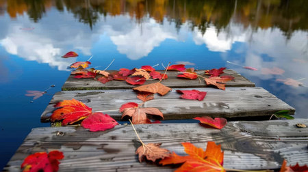 A serene autumn landscape featuring vivid red leaves scattered on a wooden dock above a calm lake, reflecting clouds and trees, creating a tranquil atmosphere.の素材