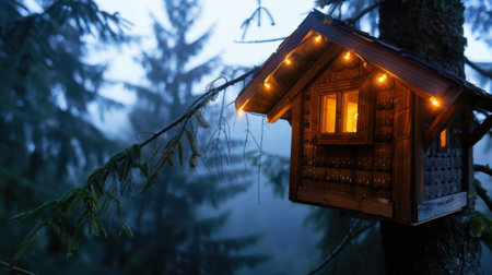 Experience the tranquility of nature with this enchanting wooden birdhouse, beautifully lit with fairy lights, set against a misty forest backdrop.の素材