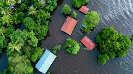This compelling aerial image captures homes submerged in water, surrounded by lush green trees, showcasing the impact of flooding on rural landscapes.の素材