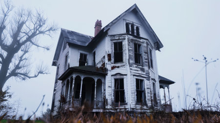 A haunting view of an abandoned Victorian house enveloped in thick fog, showcasing its eerie charm and decaying beauty against a bleak winter backdrop.の素材
