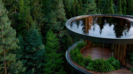 This image showcases a modern eco-friendly building set amidst a vibrant green forest, emphasizing innovative architecture and sustainability.の素材