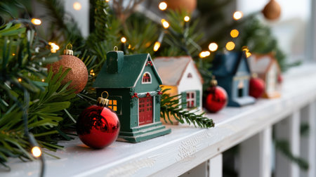 A delightful holiday display featuring miniature houses adorned with ornaments, surrounded by lush greenery and sparkling lights, perfect for festive decor.の素材