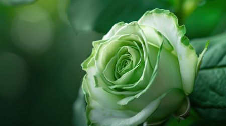 A stunning close-up of an elegant green rose bloom surrounded by lush greenery, capturing the essence of nature's beauty in soft natural light.の素材