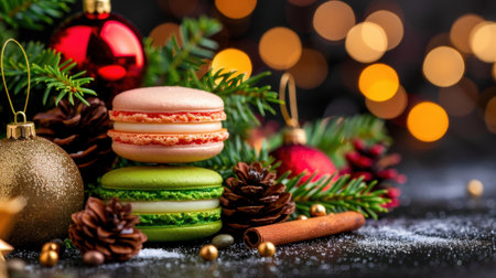 A delightful arrangement of colorful macarons in green and pink, adorned with holiday ornaments and pinecones, creating a warm, festive atmosphere.の素材