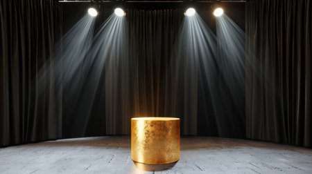 A captivating scene featuring a golden podium illuminated by dramatic spotlights, set against a black curtain backdrop, perfect for presentations or events.の素材