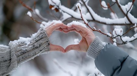 Two hands shaped into a heart form stand out against a snowy backdrop, showcasing a tender moment filled with warmth and affection in a winter setting.の素材