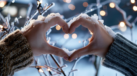 A captivating heart shape formed by two hands covered in snow, resting among a backdrop of twinkling lights in a winter wonderland setting.の素材