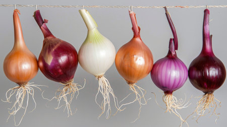 A captivating display of various onion types hanging by their roots against a neutral gray background, showcasing their unique colors and textures.の素材
