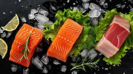 This vibrant image showcases fresh salmon fillets paired with ice and greens on a dark surface. Lemon slices and herbs enhance the culinary appeal, ideal for food photography.の素材