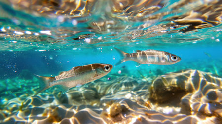 Two fish swim gracefully in clear tropical waters, capturing the beauty of underwater life. The image showcases vibrant colors and light reflections.の素材