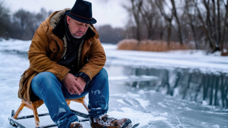 A man in warm clothing sits on a sled by a frozen river in a snowy landscape. He reflects on the beauty of winter while surrounded by serene nature.の素材