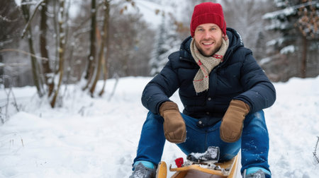 A cheerful young man sits on a wooden sled in a snow-covered forest, showcasing winter joy and fun in warm clothing and jubilant spirit.の素材