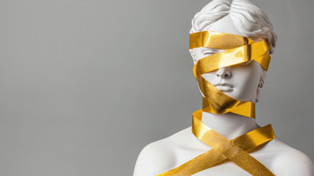 This artistic image features a white sculpture wrapped in golden ribbons, emphasizing themes of modernity and elegance against a plain backdrop.の素材