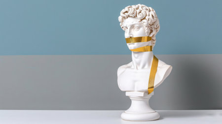 This striking image features a white marble statue of David with tape on its mouth, symbolizing silence and constraint against a modern blue and gray backdrop.の素材