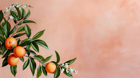 A beautiful arrangement featuring fresh oranges nestled among lush green leaves and delicate blossoms set against a soft peach-hued background. This image exudes freshness and vibrancy, making it ideal for food-related designs or seasonal themes.の素材