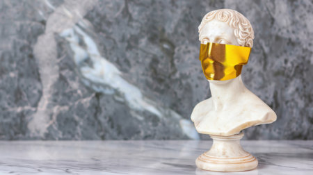 This striking image showcases a classical bust statue with golden tape across its face, symbolizing the blend of tradition and modern commentary in art.の素材