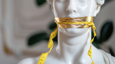 This image features an abstract representation of silence with a statue wrapped in measuring tape, symbolizing restriction and contemplation. Perfect for artistic themes.の素材