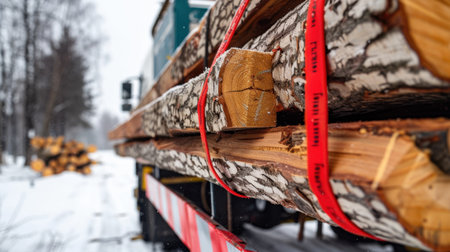 A detailed close-up view of timber logs carefully loaded on a flatbed truck. Snow covers the surrounding landscape, showcasing a winter scene.の素材