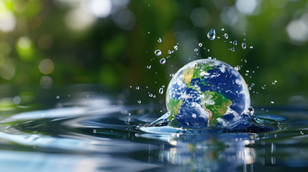 A stunning close-up of Earth as it makes a vibrant splash into water, surrounded by ripples and droplets. The lush green background enhances the beauty.の素材