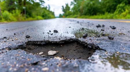 This image captures a detailed view of a pothole in the road, highlighting the depth and damage amidst a surrounding green landscape, offering a sense of nature's encroachment.の素材