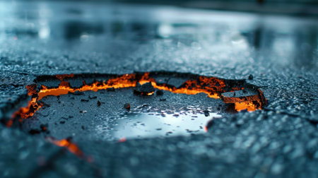 A captivating image showcasing an asphalt crack emitting a warm orange glow, reflecting off the wet surface, revealing urban wear and atmospheric conditions.の素材