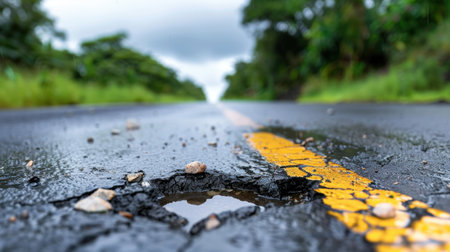 A close-up view of a pothole filled with rainwater on a rural road, surrounded by greenery and under a cloudy sky, illustrating road conditions and maintenance needs.の素材