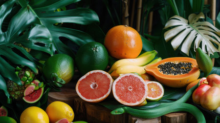 A vibrant display of fresh tropical fruits including papaya, orange, and grapefruit arranged among lush green leaves, perfect for healthy living.の素材