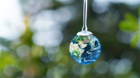 A mesmerizing glass droplet encases a miniature Earth globe, suspended in delicate balance amidst a lush green natural background, evoking themes of sustainability.の素材